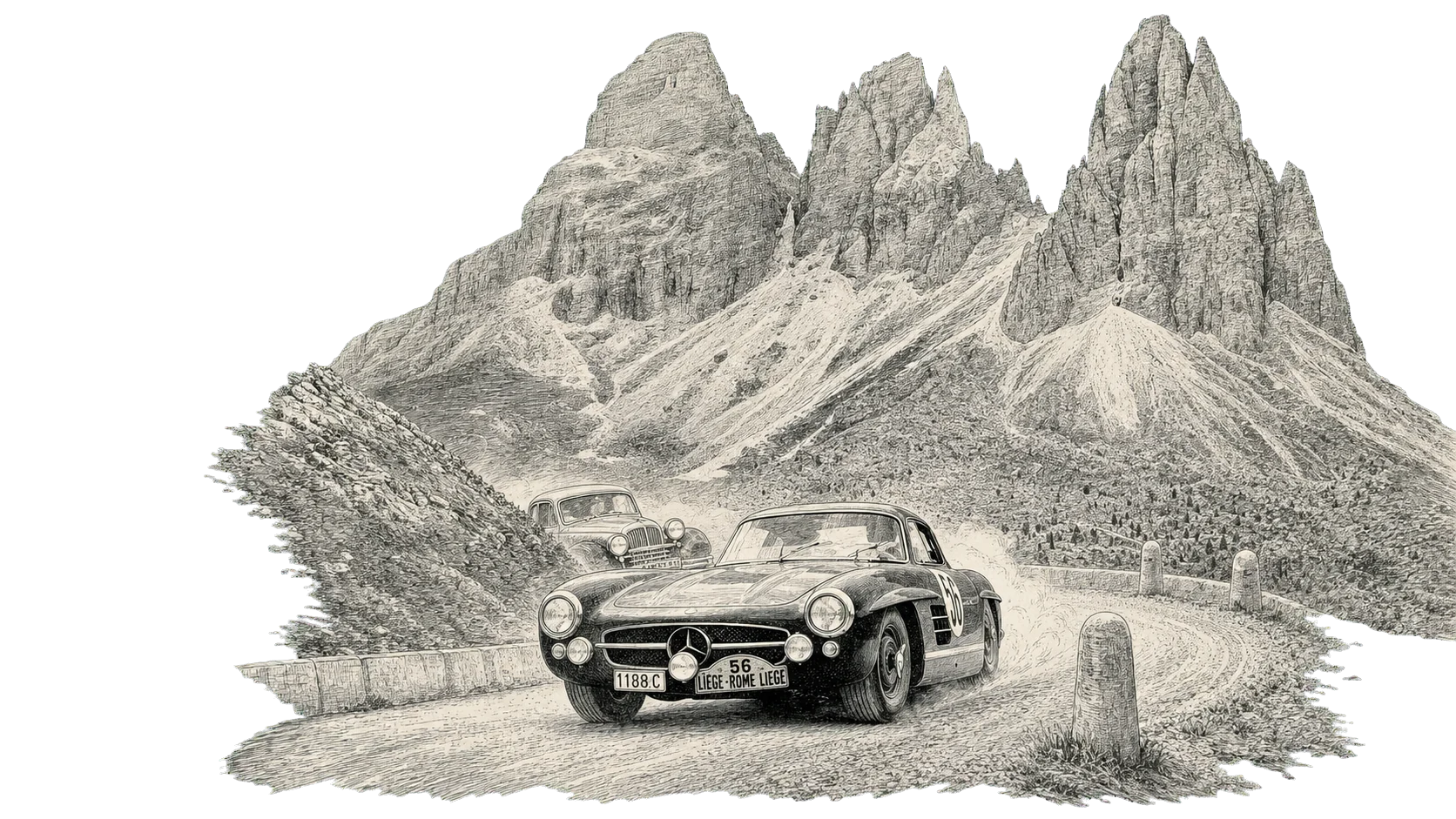 Line-art vintage Mercedes 300 SL rallying through the Dolomites