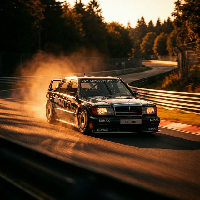 Mercedes-Benz 190E Evolution II DTM speeding on track at golden hour