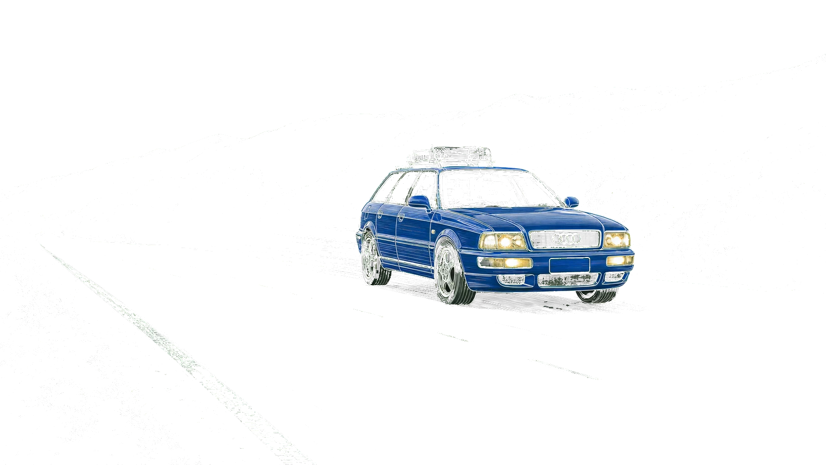 Line-art Audi RS2 Avant crossing a mountain road